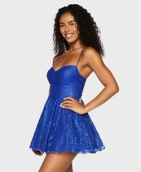 B Darlin Juniors' Sweetheart Neck Glitter Mesh Lace-Up Back Dress