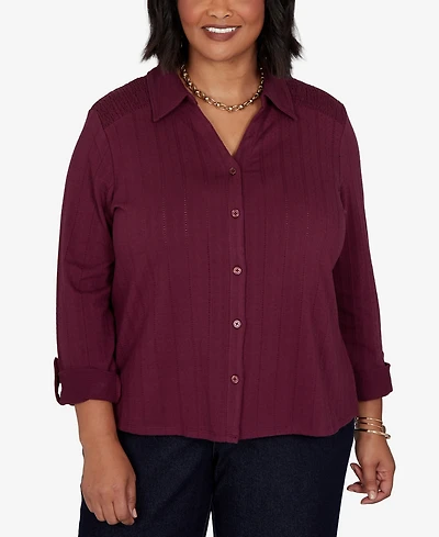 Ruby Rd. Plus Striped Roll-Tab Button-Front Blouse