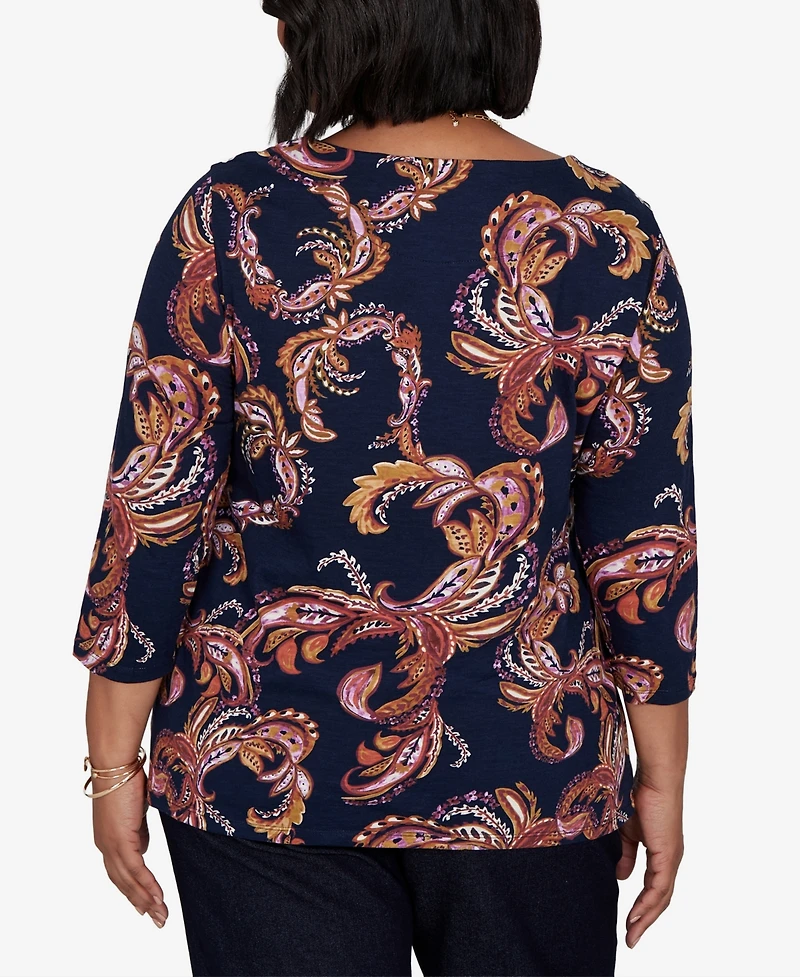 Ruby Rd. Plus Paisley 3/4-Sleeve Boat-Neck T-Shirt