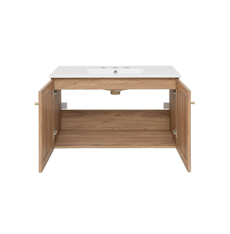 36 in. Brown Oak Wall Hung Bathroom Vanity With White, 3-Hole Ceramic Sink Top