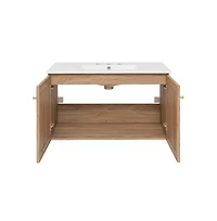 36 in. Brown Oak Wall Hung Bathroom Vanity With White, 3-Hole Ceramic Sink Top