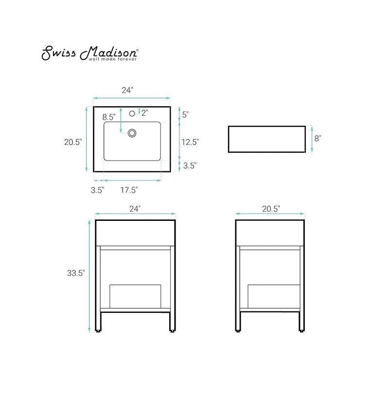 Swiss Madison Beau 24" Open Shelf Natural Oak Frame Freestanding Bathroom Vanity with Sink Top