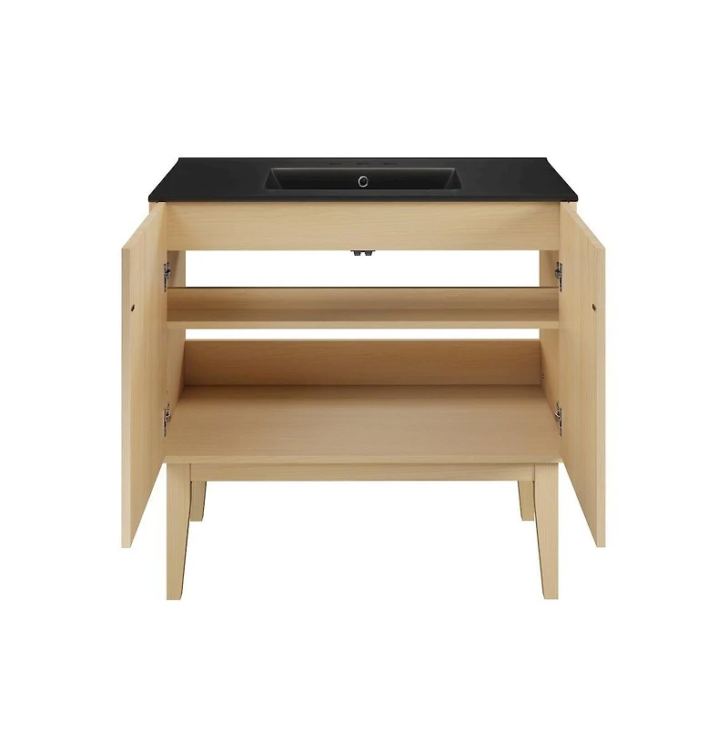 Swiss Madison 36" Freestanding Bathroom Vanity, Natural Oak, Black 3-Hole Widespread Sink Top