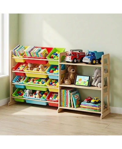 gaomon Kids Toy Storage Organizer 56" Wide Wood Bookshelf with 12 Bins and 3 Open Shelves Anti-Tip Rounded Edges for Playroom Bedroom Nursery
