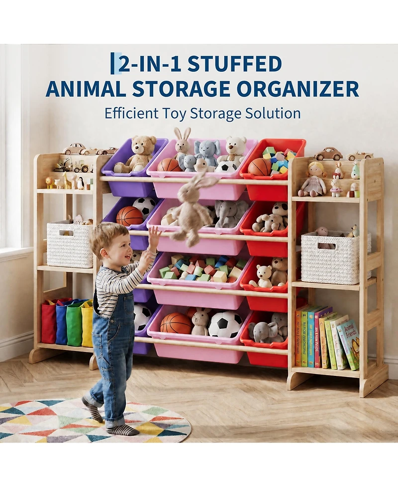 gaomon Kids Toy Storage Organizer 52.3" Wide Solid Wood Bookshelf Cabinet with 12 Removable Bins and 6 Shelves Cubby