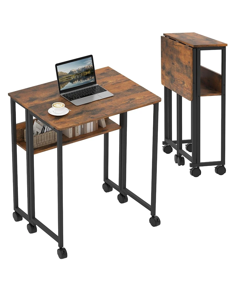 gaomon Folding Computer Desk with Storage Shelf 24.8" Mobile Rolling Table on Wheels Space Saving Collapsible Writing Desk for Small Space Home Office