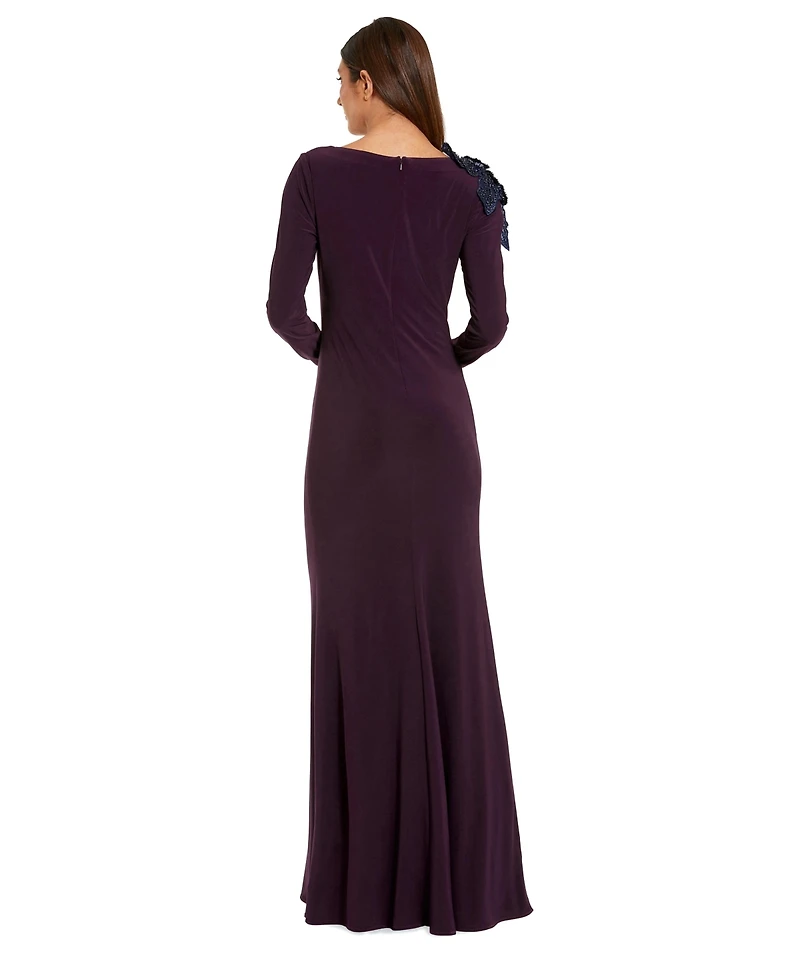 Mac Duggal Women's Floral Applique Long Sleeve Column Gown
