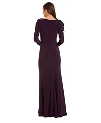 Mac Duggal Women's Floral Applique Long Sleeve Column Gown