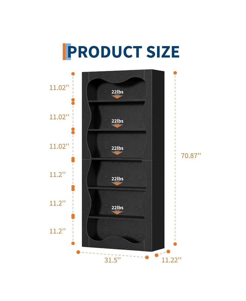 gaomon Bookshelf Tall 6 Tier Modern Office Bookcase with Wavy Scalloped Edge Freestanding Wooden Storage Display for Living Room Bedroom Home