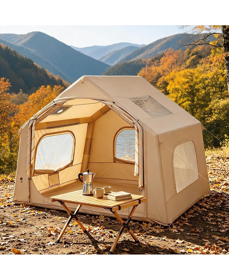 Maxsa Inflatable Camping Tent with Roof Window & Stove Jack, Waterproof Blow Up Glamping Tent for Family & Friends Outdoor Gatherings
