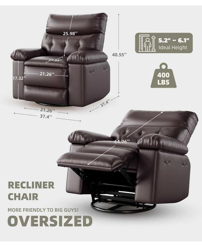 Leather Manual Recliner Chair for Adults with Heat and Massage, 360degree(s) Swivel, 30degree(s) Rocking, Nursery Glider, Single Sofa for Living Room