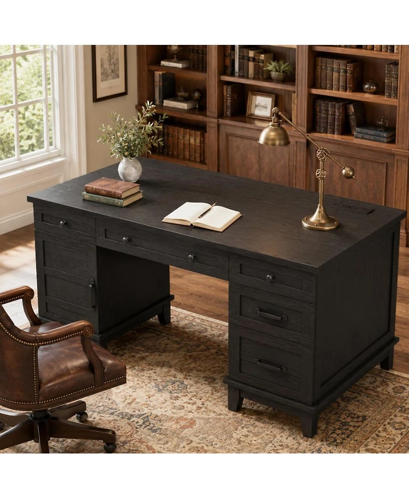 60" Farmhouse Executive Desk with File Drawers, Charging Station and Cabinet Storage