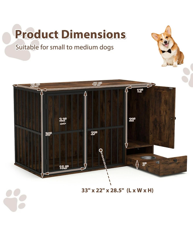 Sugift 47.5 Inch Dog Crate Furniture with Hidden Pull-Out Feeding Bowls Storage Cabinet and Lockable Door