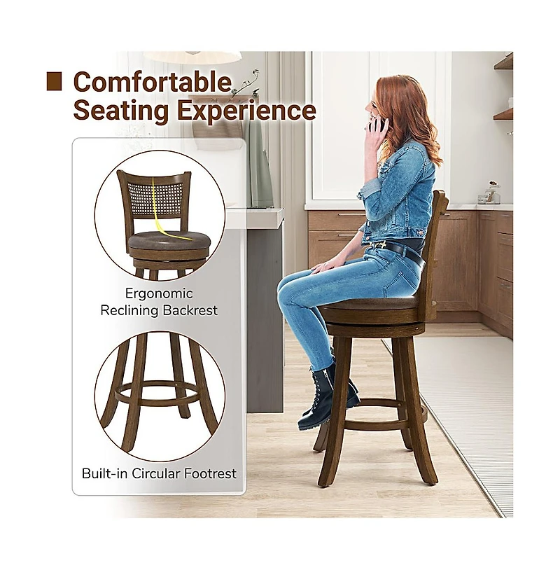 Sugift Set of 2 25 Inch Swivel Bar Stools with Leathaire Upholstery and Rattan Backrest