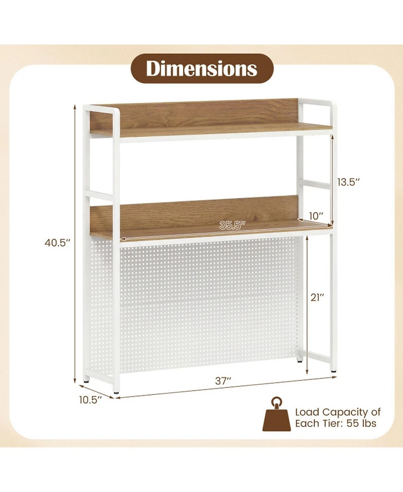 Sugift 2-Tier Desktop Bookshelf with Metal Pegboard for Monitors up to 32 Inch