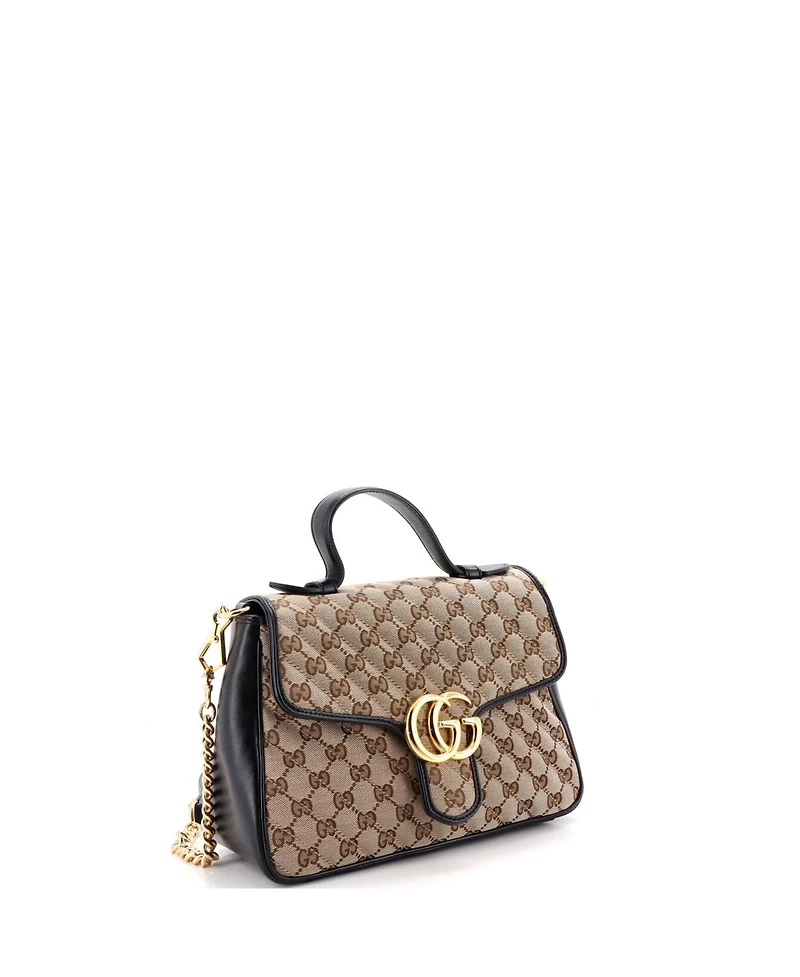 Pre-Owned Gucci Small Gg Marmont Top Handle Flap Bag Diagonal Quilted Gg Canvas with Leather