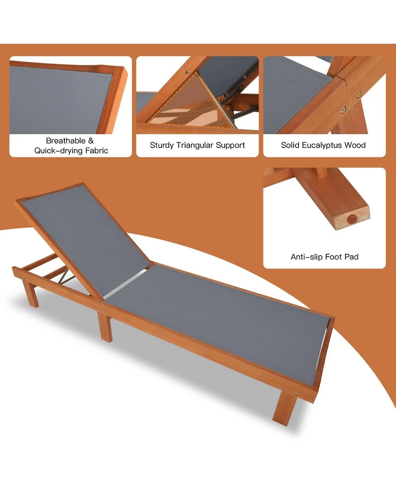Sugift Adjustable Outdoor Wood Chaise Lounge Chair with 5-Position Backrest 400 lb Capacity