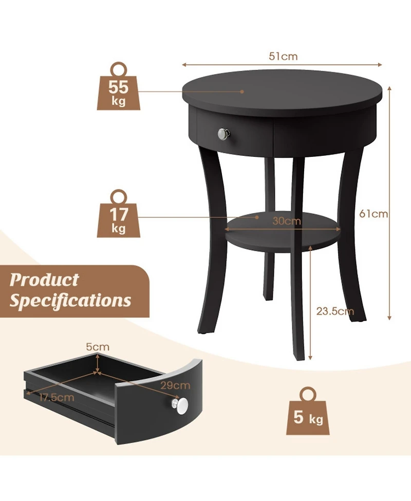 Sugift 2-Tier Round End Table with Open Drawer and Storage Shelf