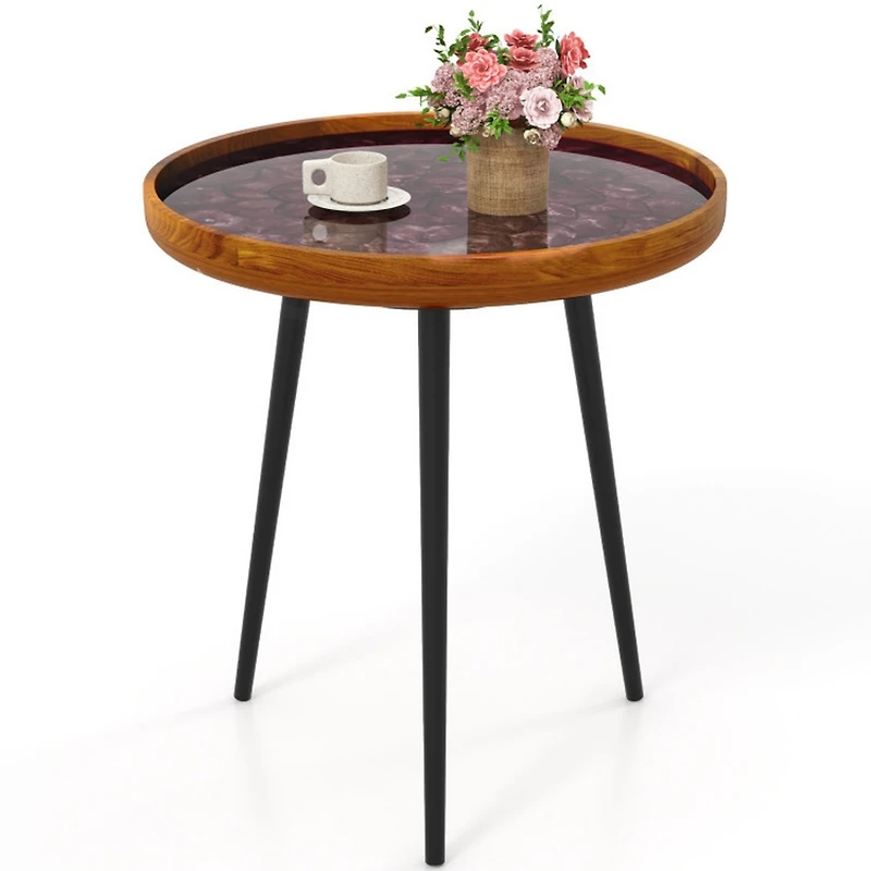 Sugift 20 Inch Handcrafted Round End Table with Sea Shell Tray Top and Epoxy Resin Finish