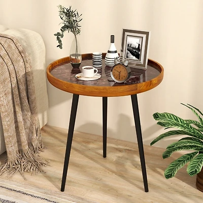 Sugift 20 Inch Handcrafted Round End Table with Sea Shell Tray Top and Epoxy Resin Finish