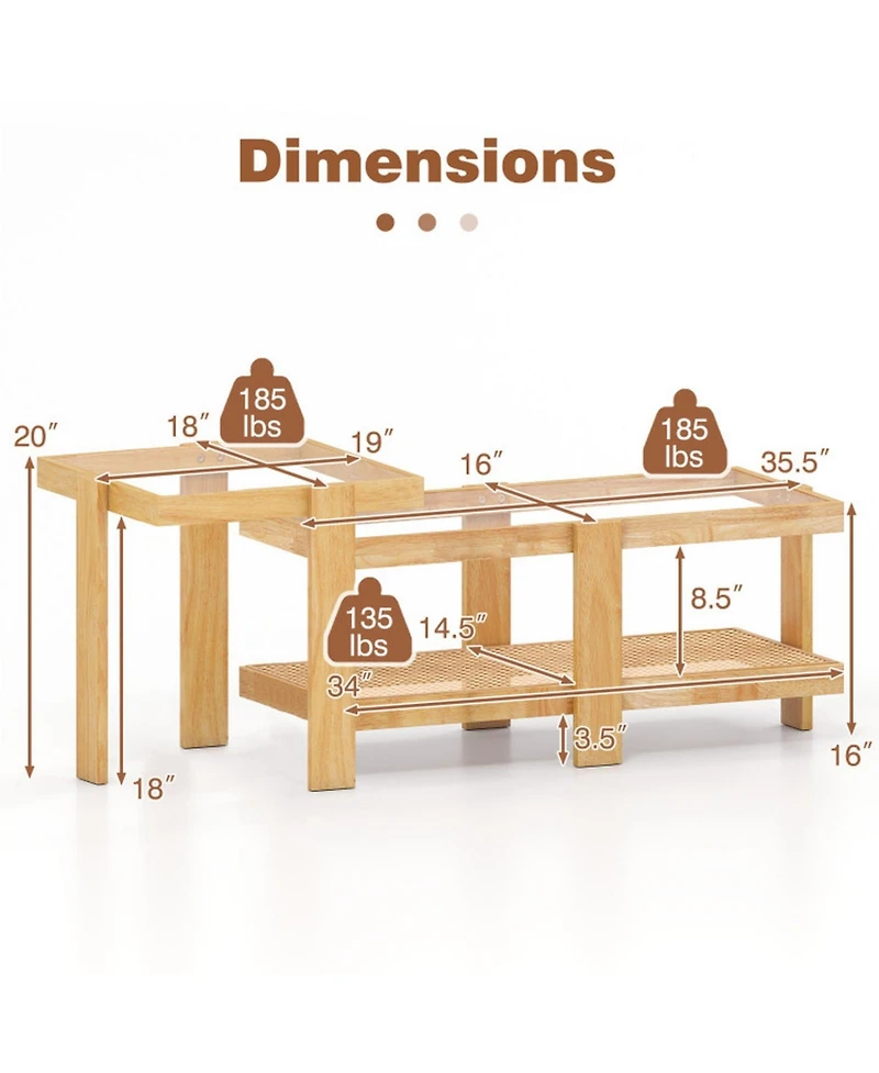 Sugift Set of 2 Nesting Coffee Tables with Tempered Glass Tops and Rattan Shelves