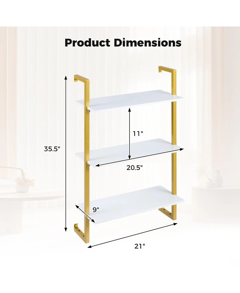 Sugift 3-Tier Floating Wall Shelf with Metal Frame for Kitchen Bathroom and Home Office