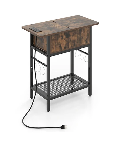 Sugift End Table with Charging Station Flip Top Hidden Compartment and Bottom Wire Shelf
