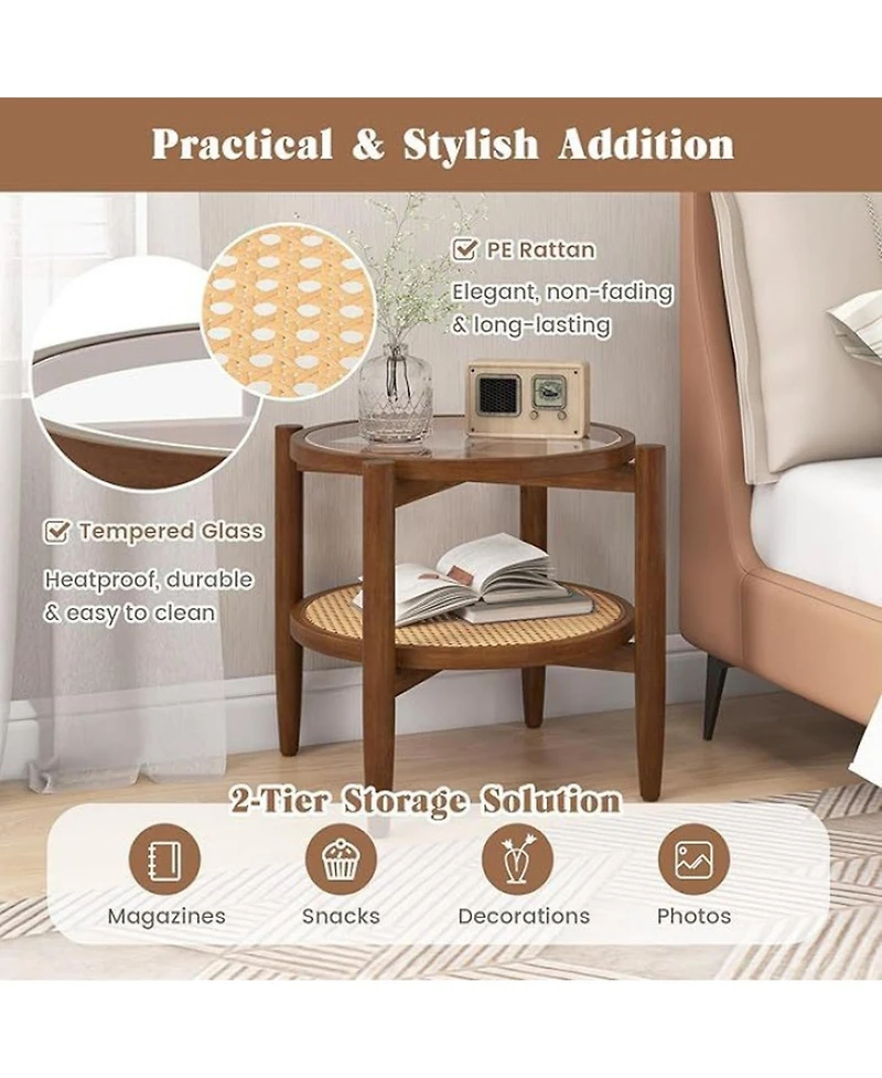 Sugift Set of 2 Rattan Round Side End Tables with Tempered Glass Tabletop 2-Tier Storage Design