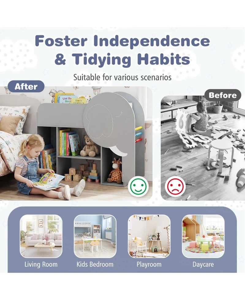 Sugift Montessori Kids Bookshelf 3-Tier Elephant Shaped Toddler Storage Organizer with Abacus and Chalkboard
