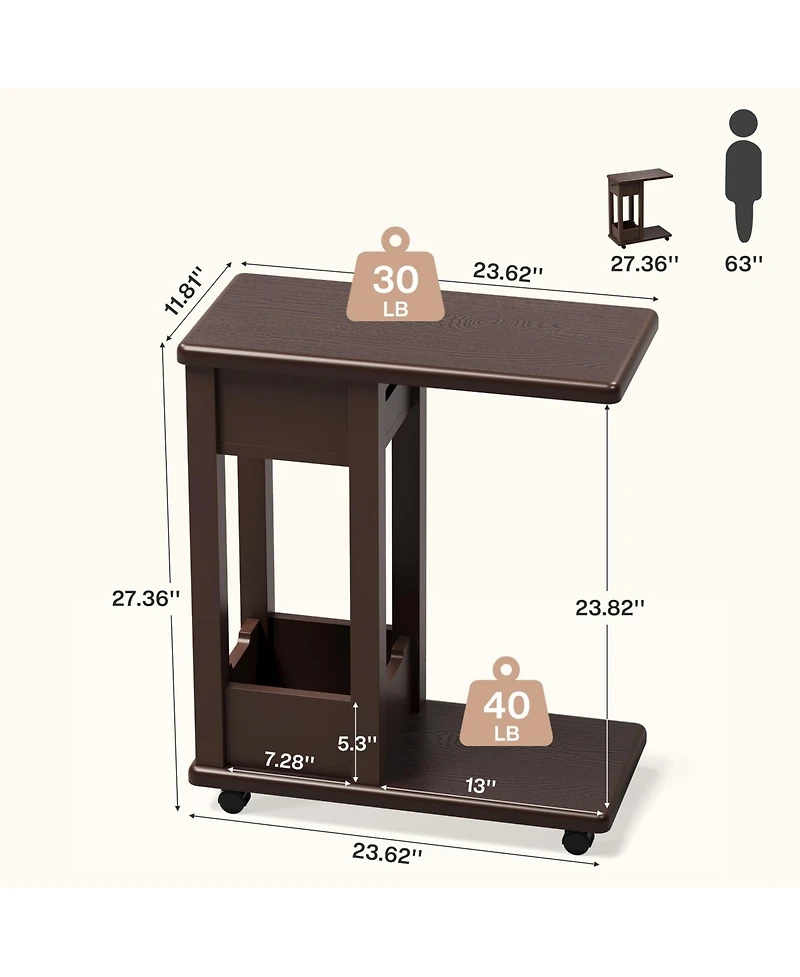 Tribesigns C-Shaped Side Table for Couch,Rolling Sofa End Table,2-Tier