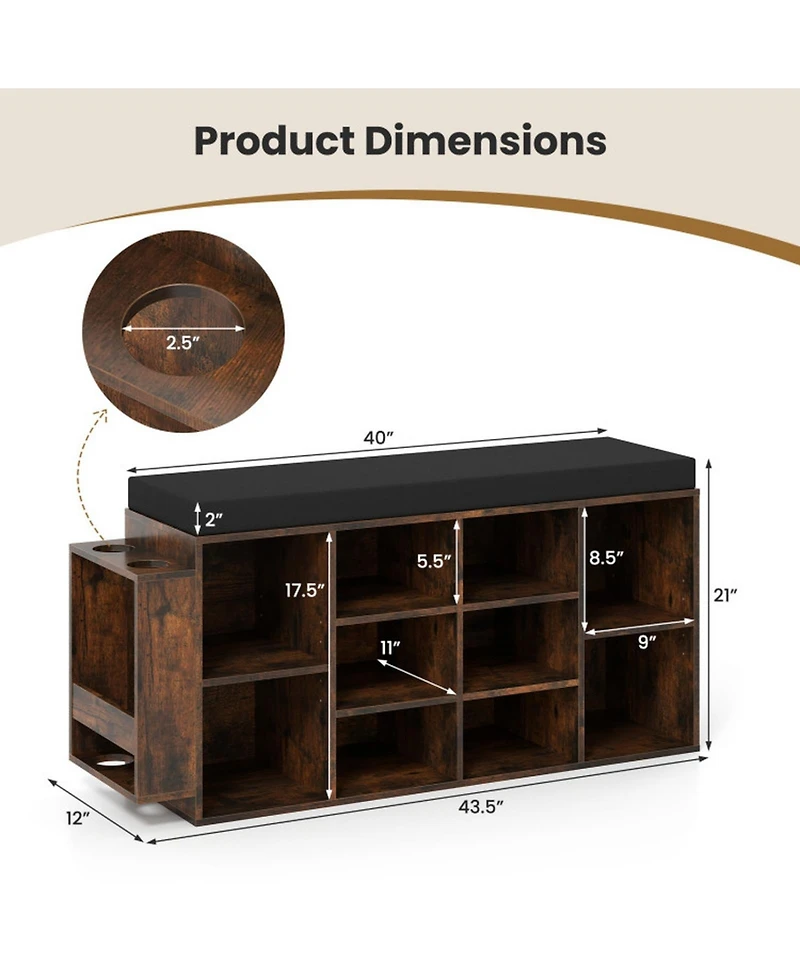 Sugift 10-Cubby Shoe Storage Bench with Umbrella Stand and Padded Seat Cushion