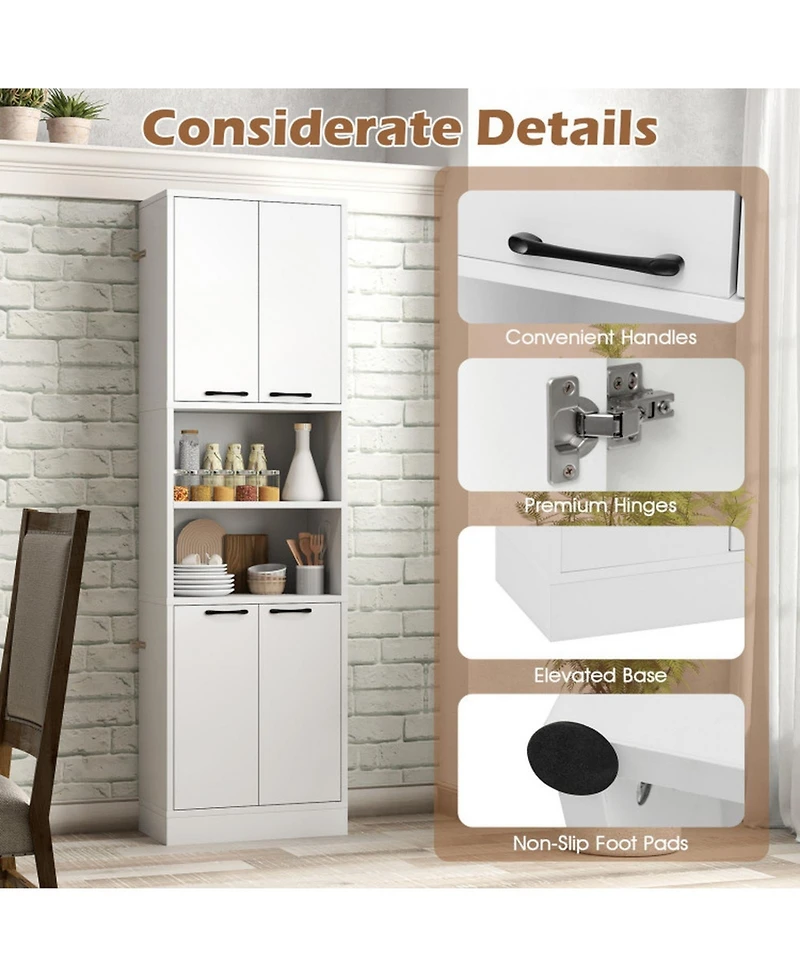 Sugift 75 Inch Freestanding Kitchen Pantry Cabinet Tall Cupboard with 4 Doors and Shelves