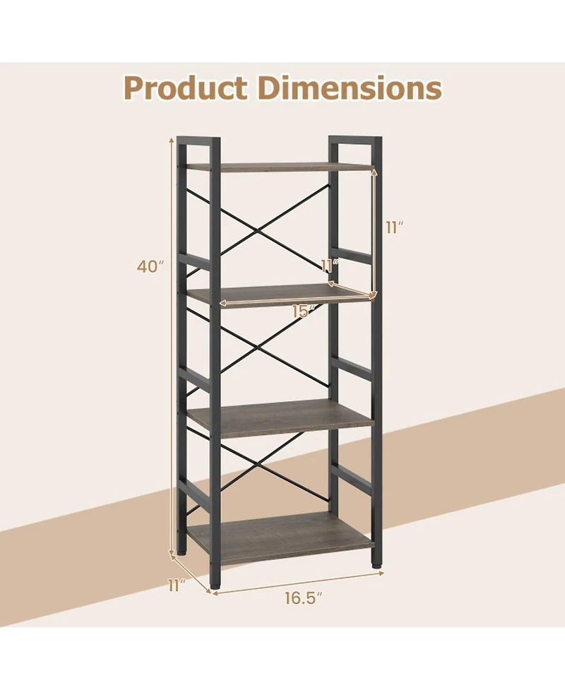 Sugift Narrow 4-Tier Bookshelf with X-Braced Metal Frame and Safety Side Rails