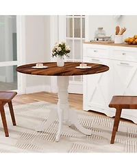 Sugift Wooden Dining Table with Round Tabletop and Curved Trestle Legs Solid Rubber Wood Kitchen Table