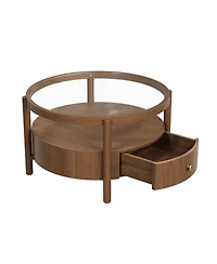 Streamdale Furniture Solid Wood Round Glass Top Coffee Table with Storage Drawer
