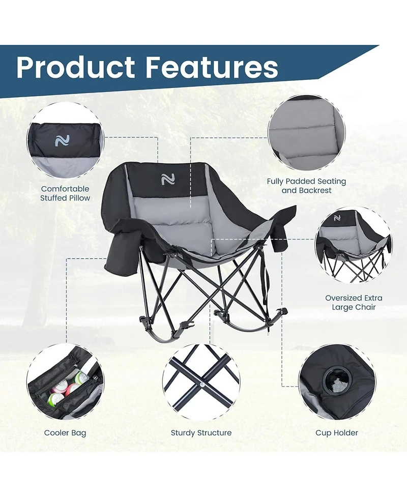 Aboron Oversized Rocking Camping Chair, Folding Chair,Fully Padded Patio Chair with Cooler BagandSide Pocket,Portable Outdoor Recliner