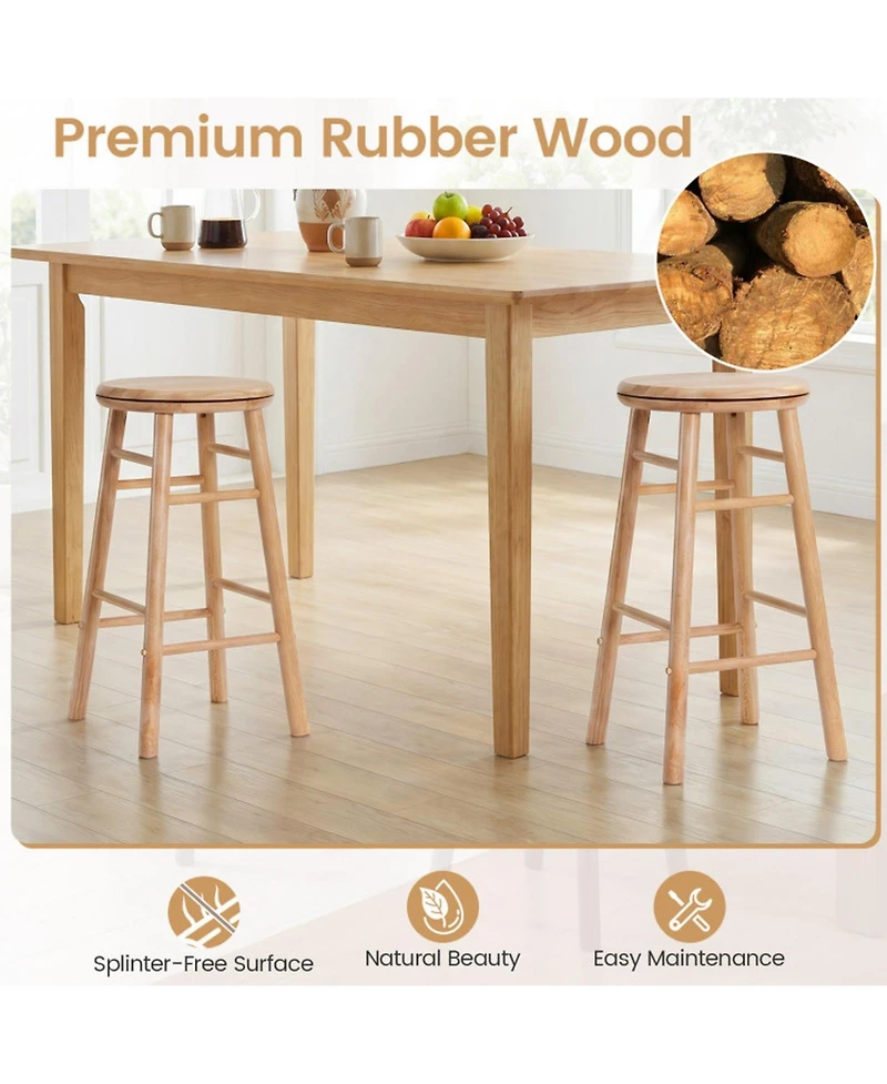 Sugift Rubber Wood Swivel Bar Stools Set of 2 Counter Height 24 Inch Round Seats with Footrests