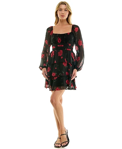 Trixxi Juniors' Long-Sleeve Pleated-Waist Tiered Dress