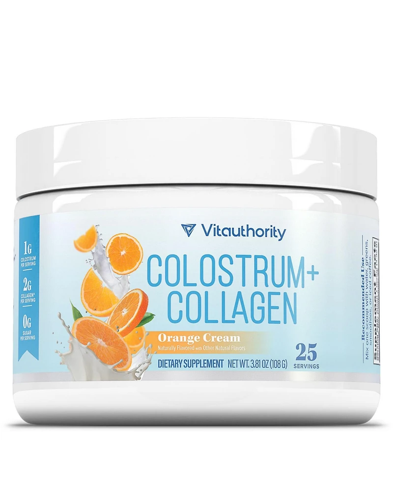 Vitauthority Colostrum Collagen Powder, Hydrolyzed Peptide, HydroPeach, Gut Health, Skin and Immune Support, Orange Cream Flavored, 25 Servings