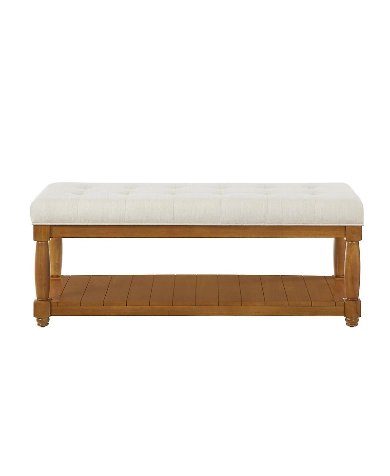 Streamdale Furniture Upholstered Linen Storage Bench with Shelf and Wood Legs