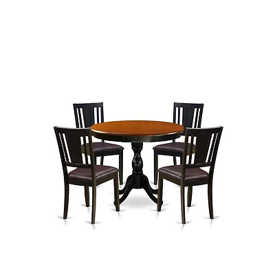 East West Furniture Dining Room Set Includes a Wooden Kitchen Table and 4 Faux Leather Dining Chairs with Panel Back