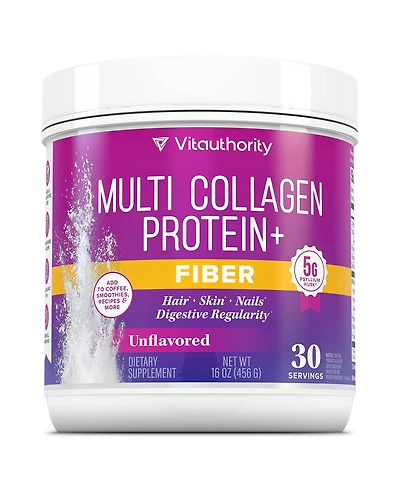 Vitauthority Multi Collagen Protein Powder Plus Fiber, Unflavored, 30 Servings