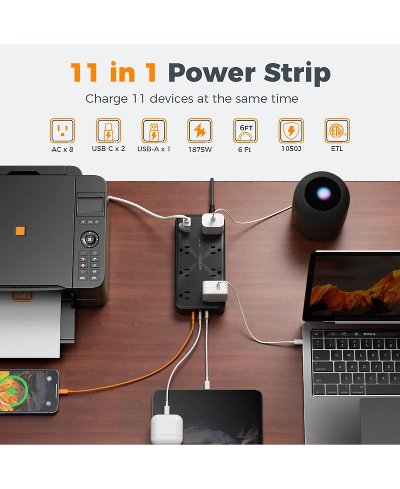 Tessan 11-in-1 Power Strip, 8 Ac Outlets + 3 Usb Ports, 20W Usb-c, 1050J Surge Protection, 6 ft Cord for Home and Office