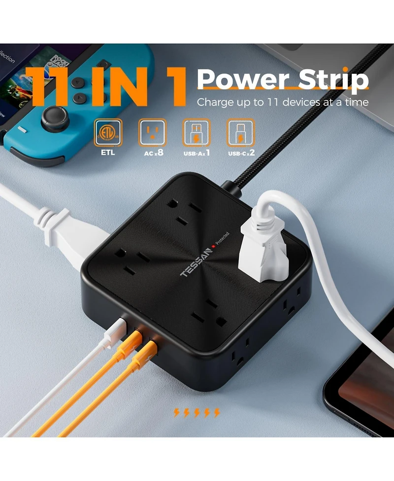 Tessan 11-in-1 Power Strip, 8 Ac Outlets + 3 Usb Ports, 20W Usb-c, 900J Surge Protection, 6 ft Cord for Home and Office