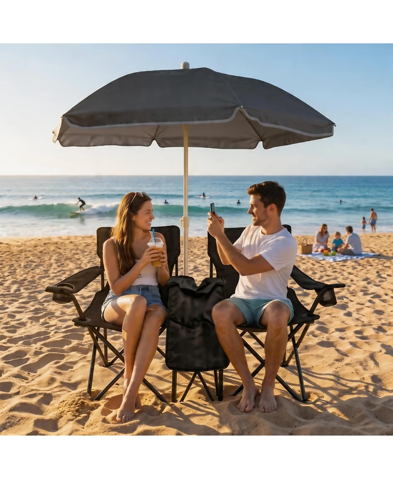 ECHTPeak Outdoor Camping 2-Seat Folding Camp Chair, with Umbrella and Cup Holders, Foldable Beach Chair Set, for Patio, Camping, Backyard