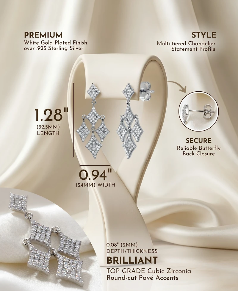Sterling Silver White Gold Plated Cubic Zirconia Chandelier Dangling Earrings