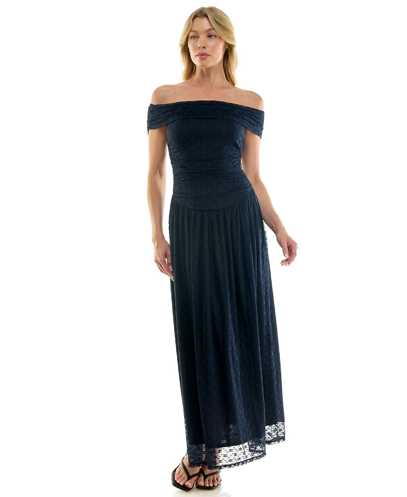 Beauty & Grace Juniors' Lea Off-the-Shoulder Lace Ruched Maxi Dress