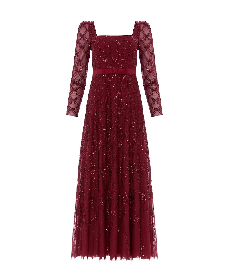Needle & Thread Women's Bow Lattice Long Sleeve Sequin Gown