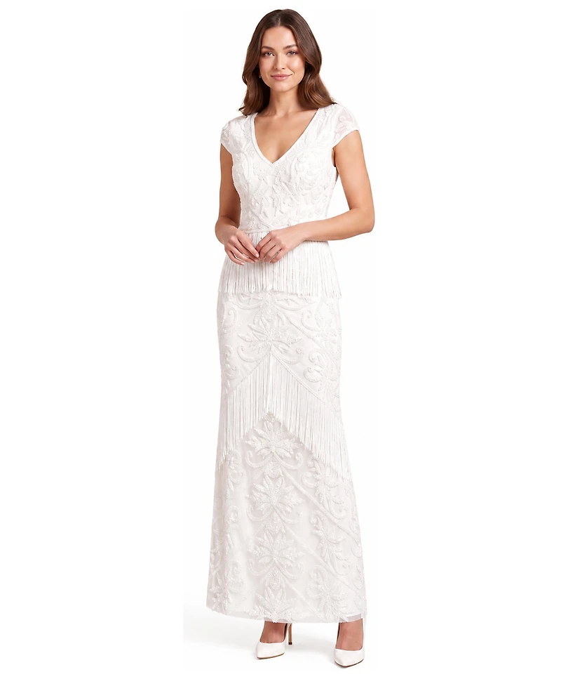 Lara Women's Cap Sleeve Bridal Beaded Gown with Fringe