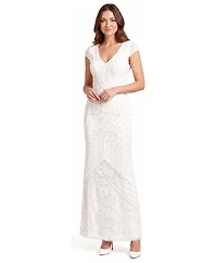 Lara Women's Cap Sleeve Bridal Beaded Gown with Fringe